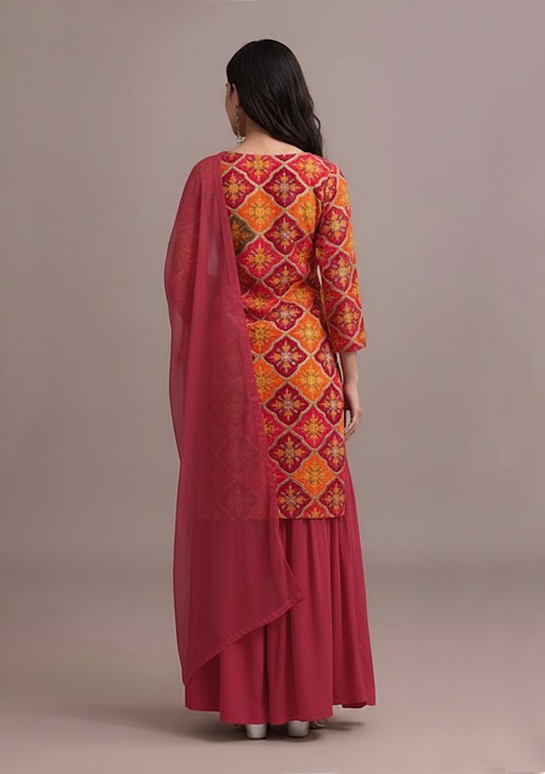 Tomato Red Embroidered Crepe Sharara Set - Indya