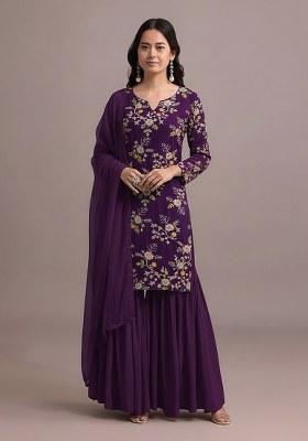 Purple Embroidered Crepe Sharara Set