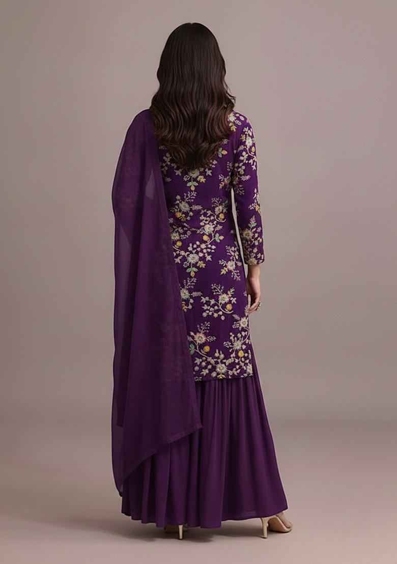 Purple Embroidered Crepe Sharara Set - Indya