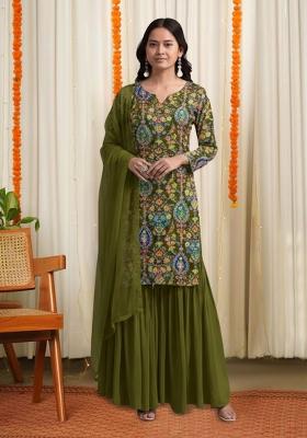 Olive Green Embroidered Crepe Sharara Set