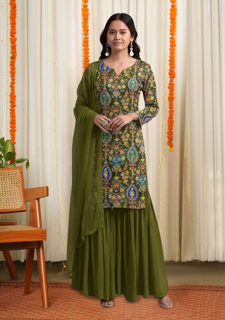 Olive Green Embroidered Crepe Sharara Set - Indya