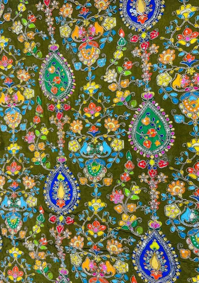 Olive Green Embroidered Crepe Sharara Set - Indya