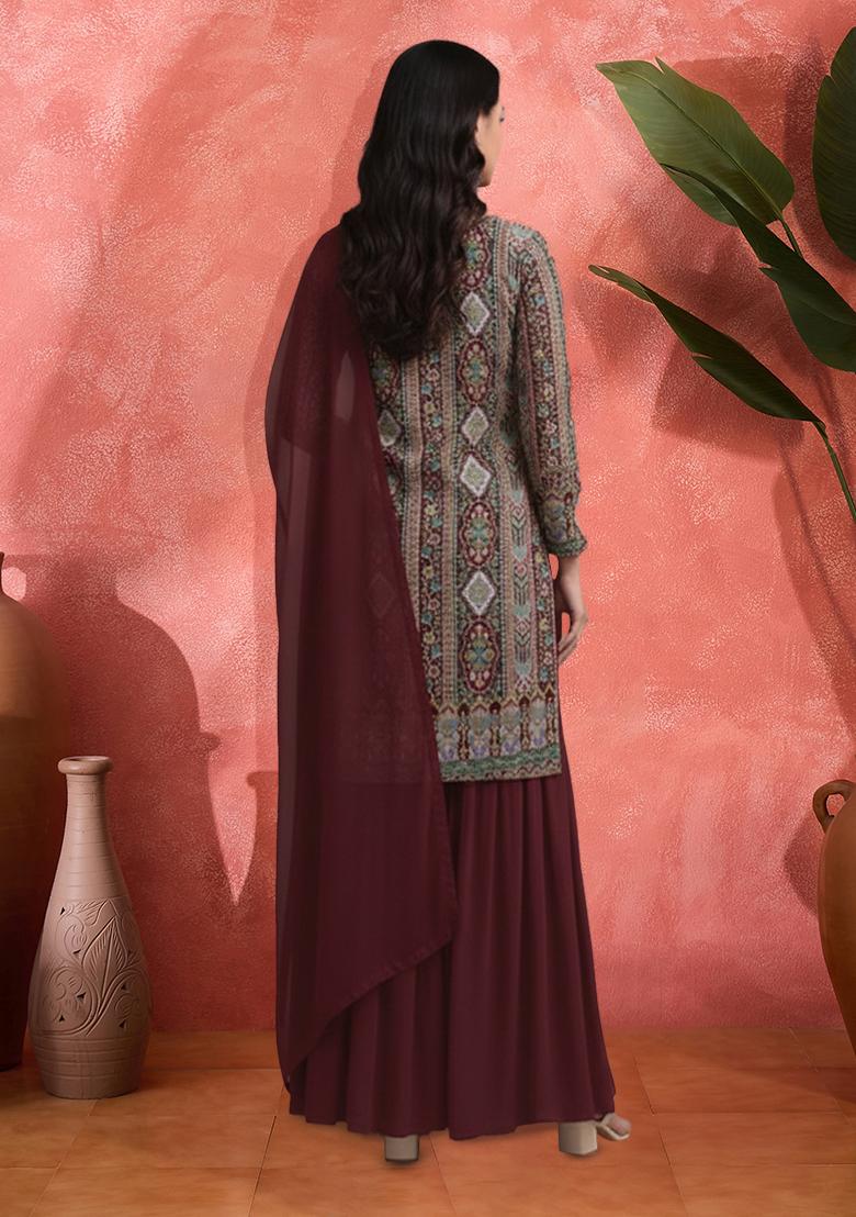 Deep Maroon Embroidered Crepe Sharara Set - Indya