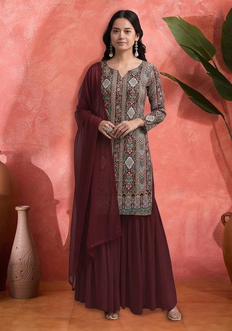 Deep Maroon Embroidered Crepe Sharara Set