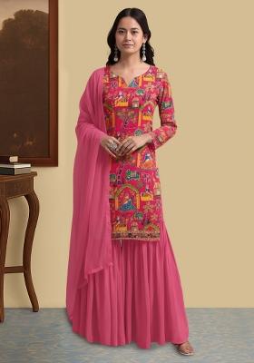 Rani Pink Embroidered Crepe Sharara Set