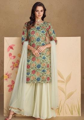 Olive Green Printed Poly blend Sharara Set