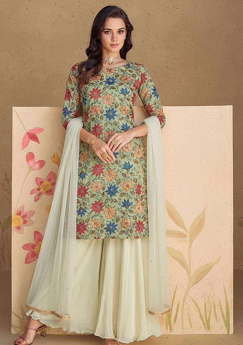 Olive Green Printed Poly blend Sharara Set - Indya