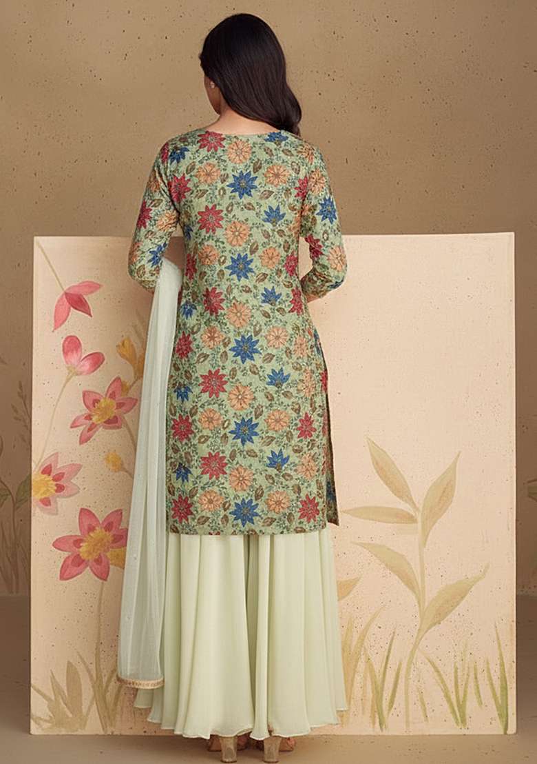 Olive Green Printed Poly blend Sharara Set - Indya