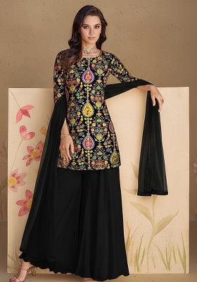 Black Printed Crepe Sharara Set