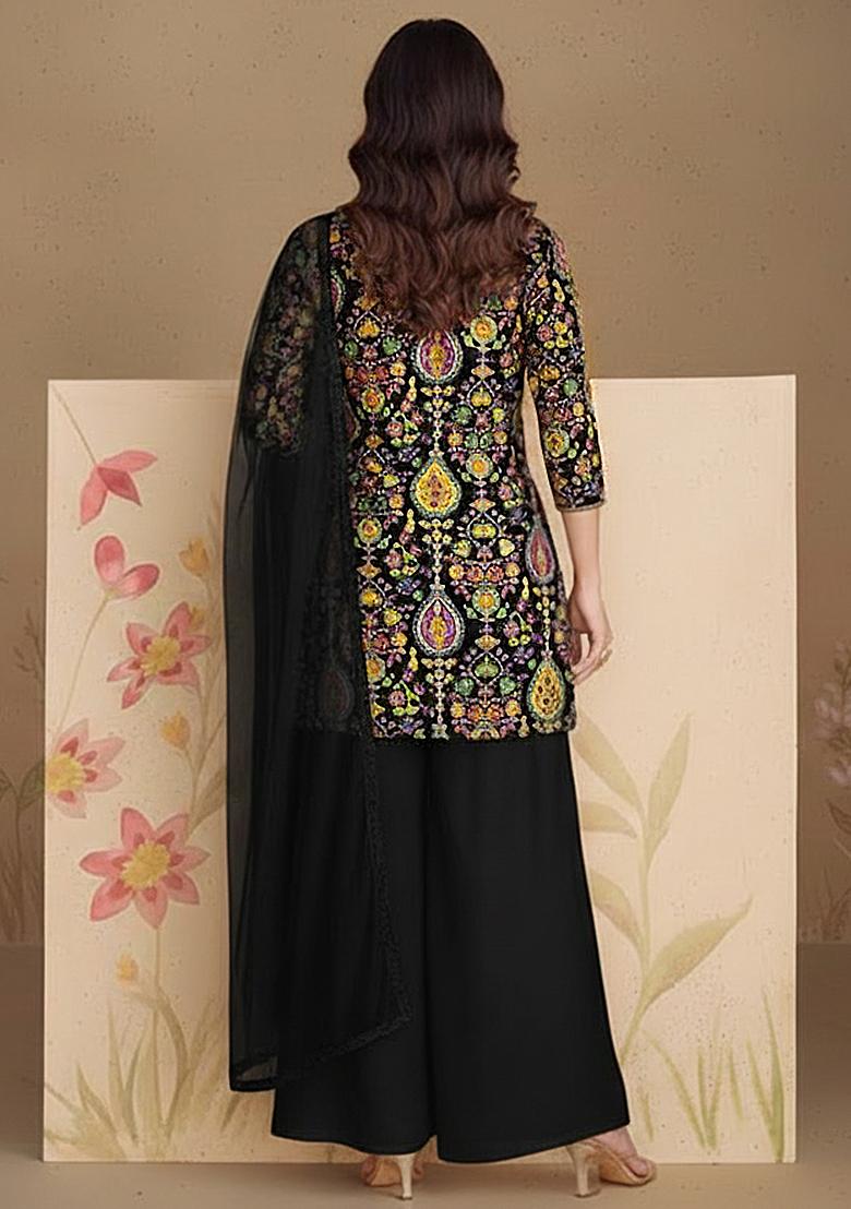 Black Printed Crepe Sharara Set - Indya