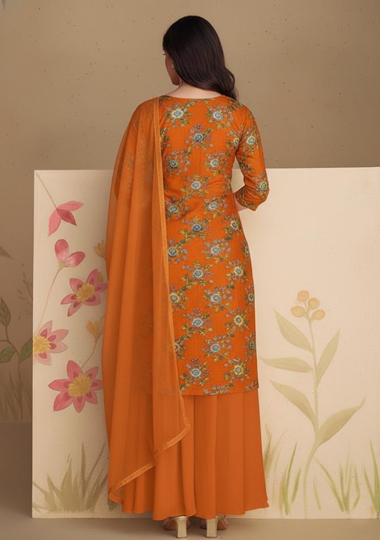 Orange Floral Printed Crepe Sharara Set - Indya