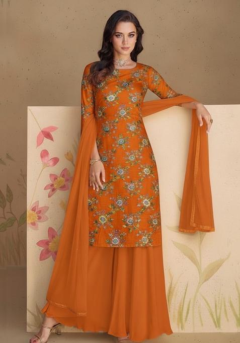 Orange Floral Printed Crepe Sharara Set