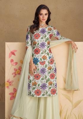 Ivory Floral Printed Poly blend Sharara Set