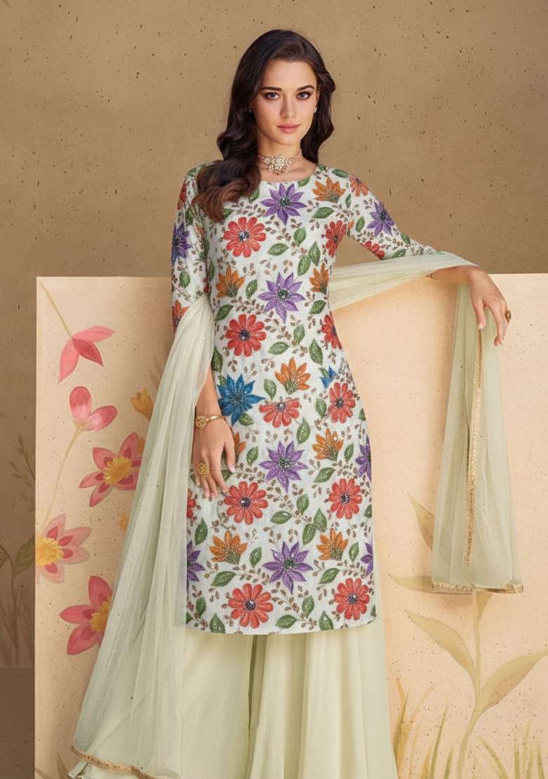 Ivory Floral Printed Poly blend Sharara Set - Indya