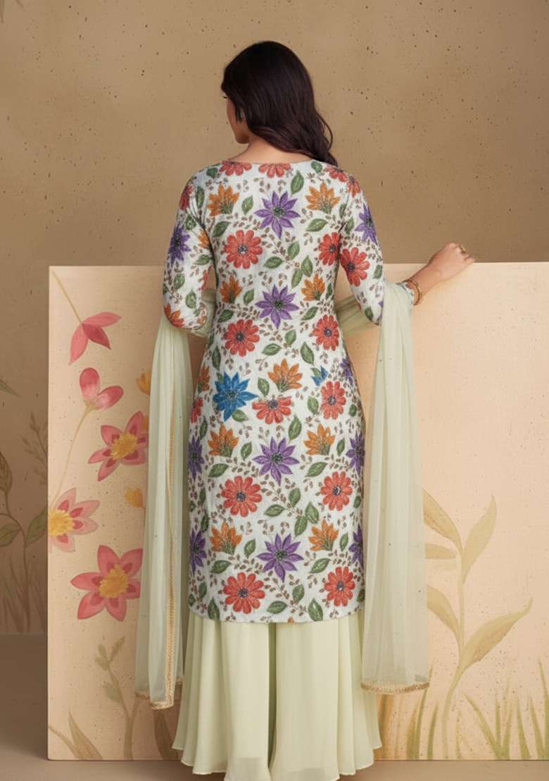 Ivory Floral Printed Poly blend Sharara Set - Indya