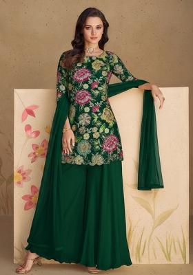 Green Embroidered Crepe Sharara Set