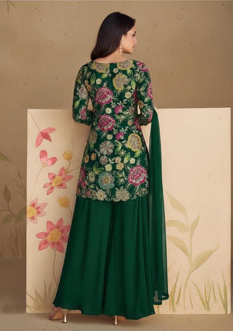 Green Embroidered Crepe Sharara Set - Indya