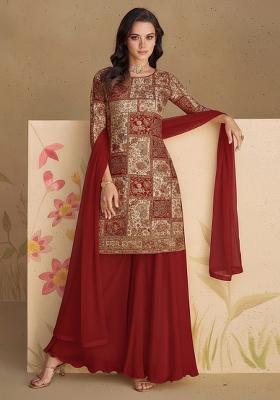 Deep Wine Printed Poly blend Sharara Set