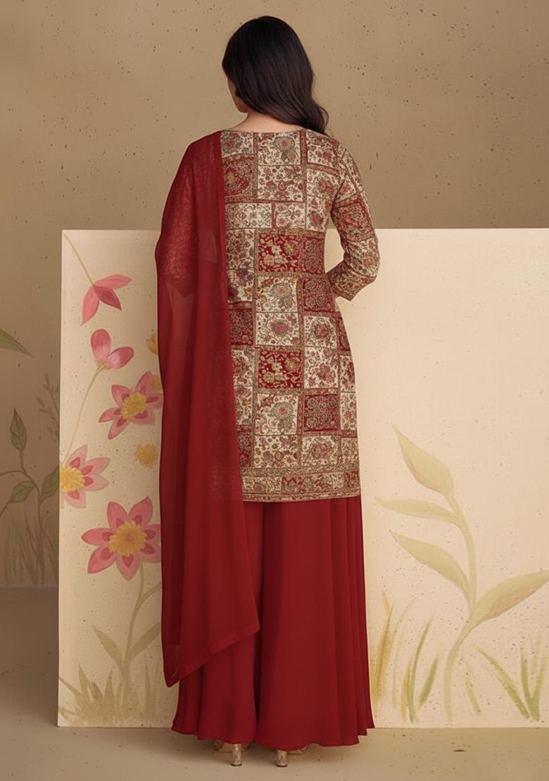 Deep Wine Printed Poly blend Sharara Set - Indya