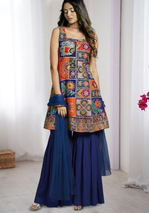 Deep Blue Embroidered Crepe Sharara Set