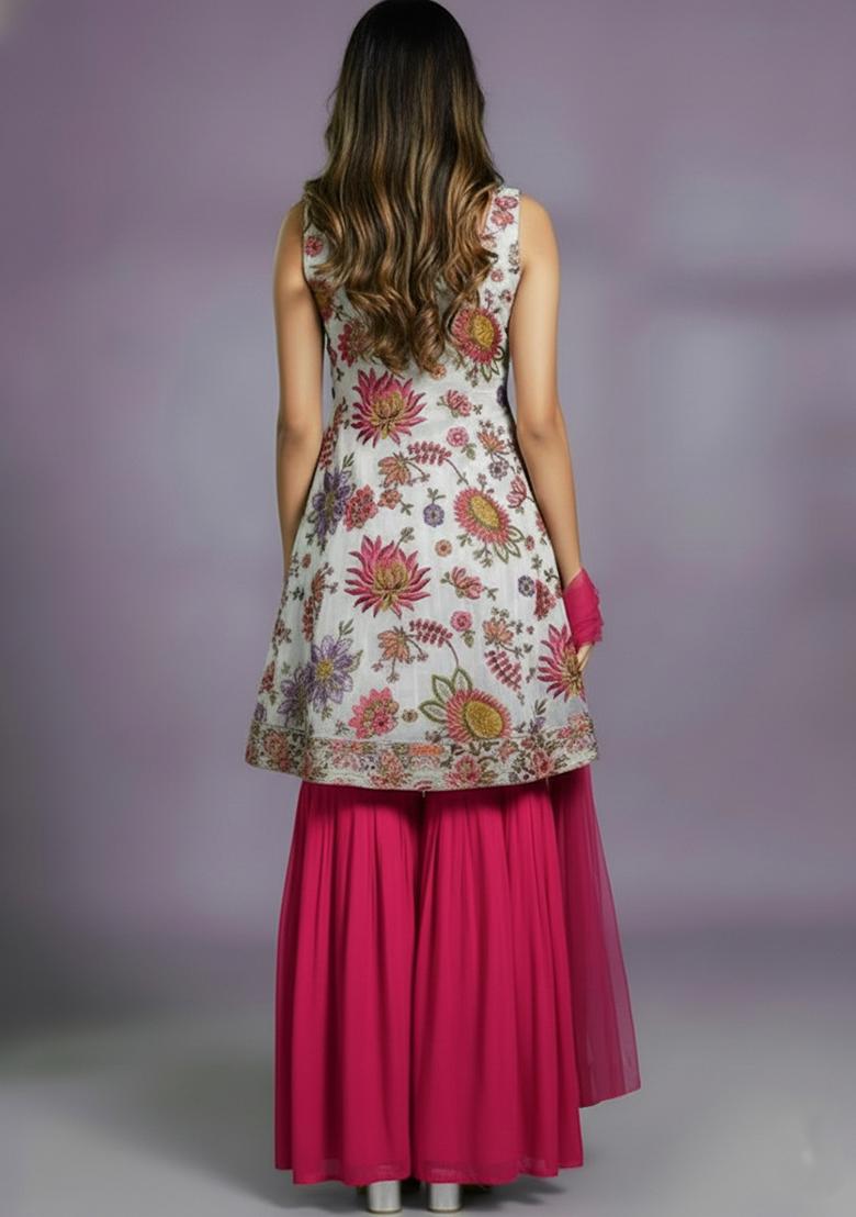 Light Beige Embroidered georgette Sharara Set - Indya