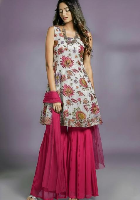 Light Beige Embroidered georgette Sharara Set