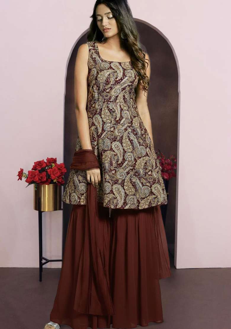Deep Maroon Floral Printed Jacquard Sharara Set - Indya