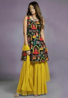 Black Printed Crepe Sharara Set