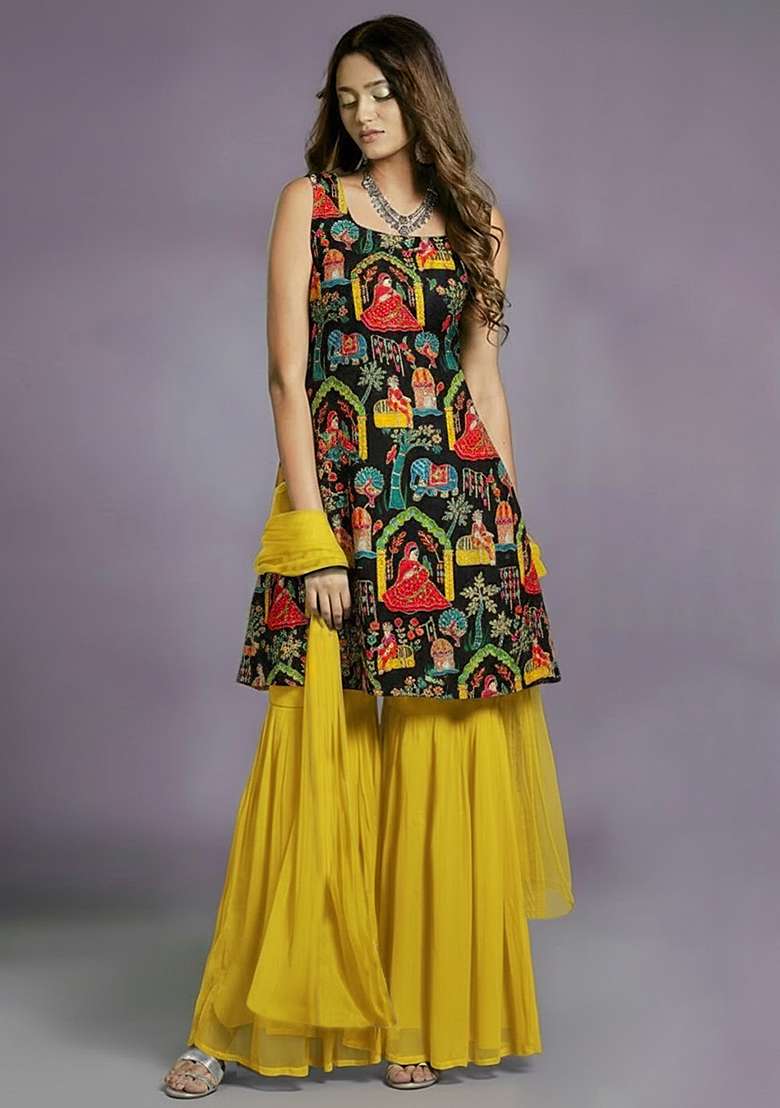 Black Printed Crepe Sharara Set - Indya