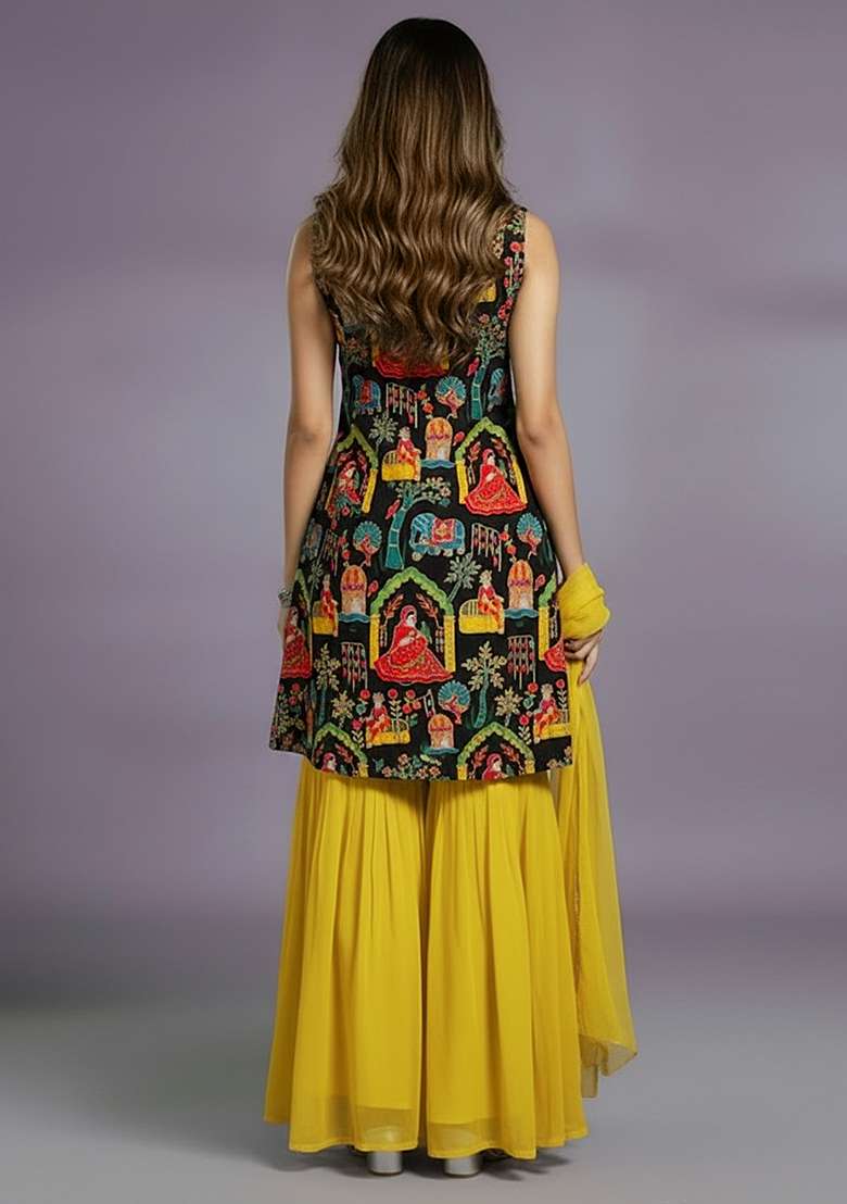 Black Printed Crepe Sharara Set - Indya