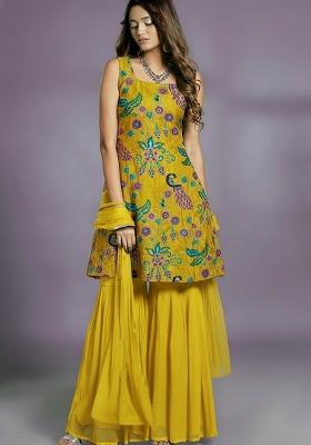 Mustard Yellow Printed Crepe Sharara Set