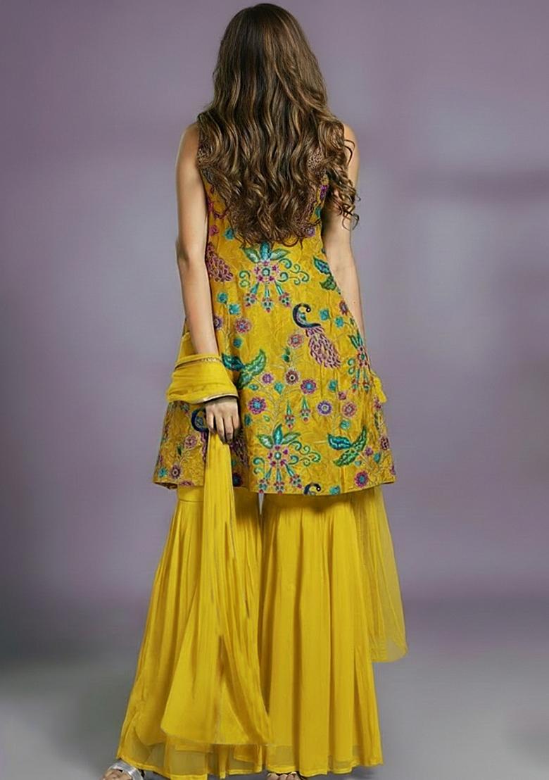 Mustard Yellow Printed Crepe Sharara Set - Indya