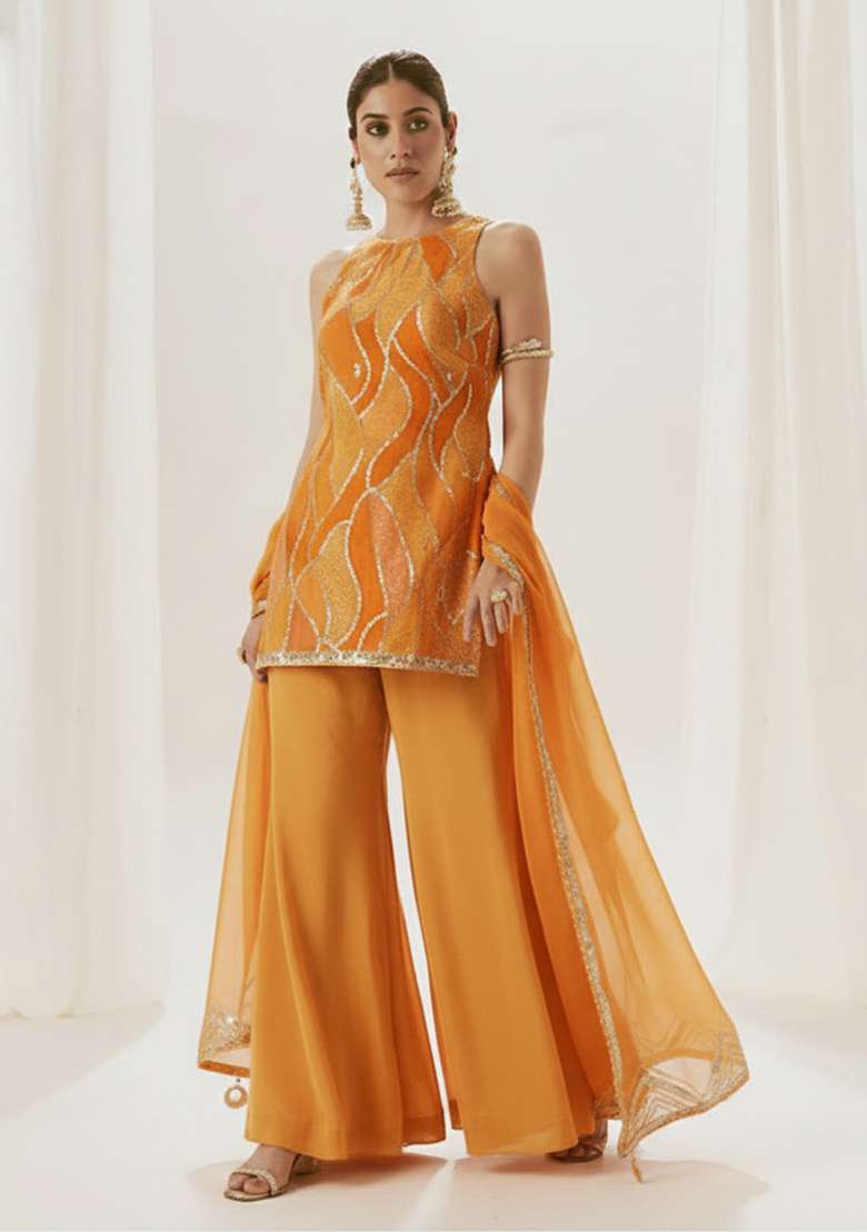 Orange Embroidered Sharara Set - Indya