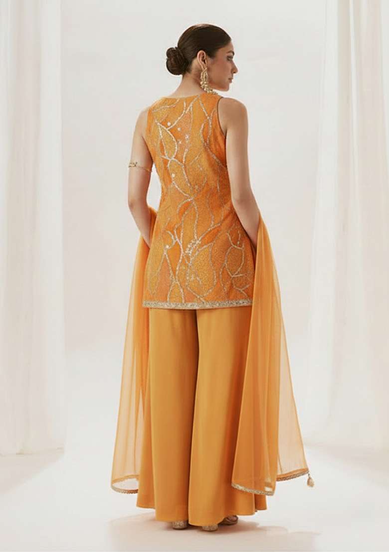 Orange Embroidered Sharara Set - Indya