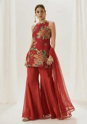 Red Floral Print Tissue Sharara Set