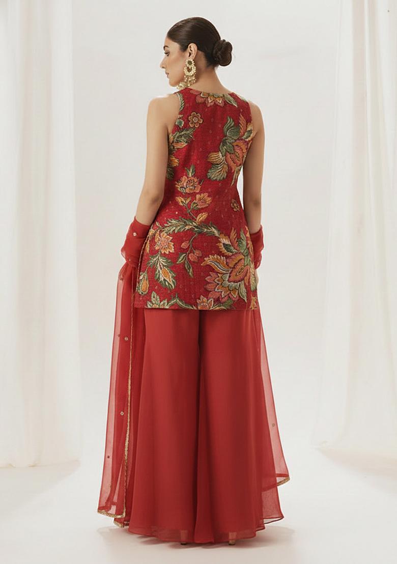 Red Floral Print Tissue Sharara Set - Indya