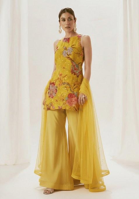 Yellow Floral Print Tissue Sharara Set