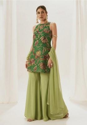 Green Floral Print Tissue Sharara Set