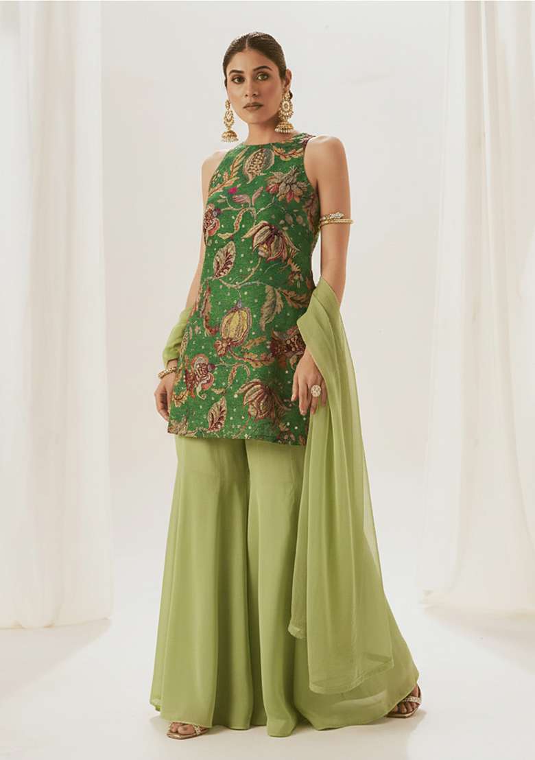 Green Floral Print Tissue Sharara Set - Indya