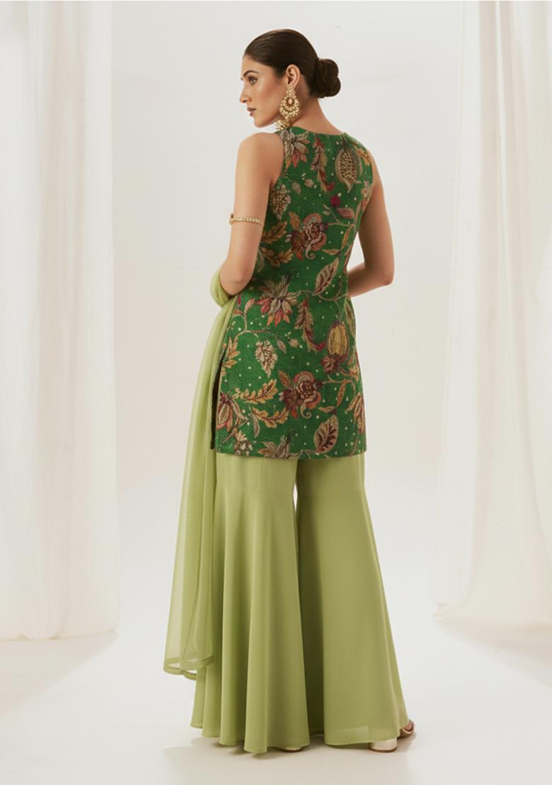 Green Floral Print Tissue Sharara Set - Indya