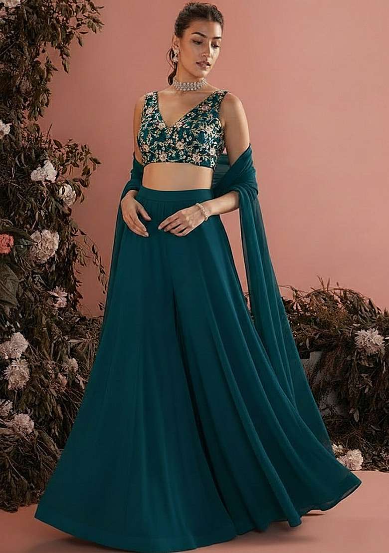 Blue Embroidered Crepe Fusion Set for Diwali and Festive Wear - Indya