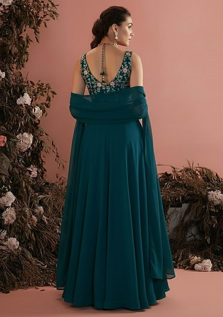 Blue Embroidered Crepe Fusion Set - Indya