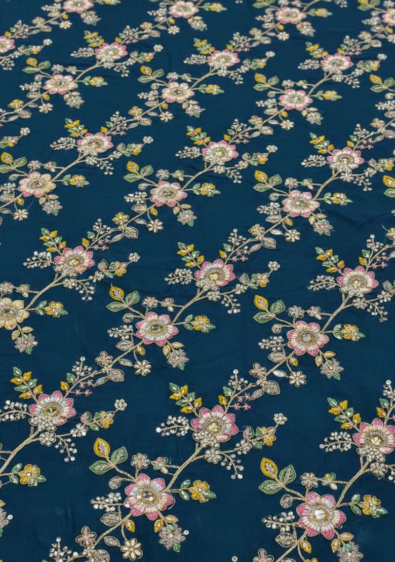 Blue Embroidered Crepe Fusion Set for Diwali and Festive Wear - Indya