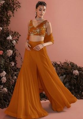 Orange Embroidered Crepe Fusion Set
