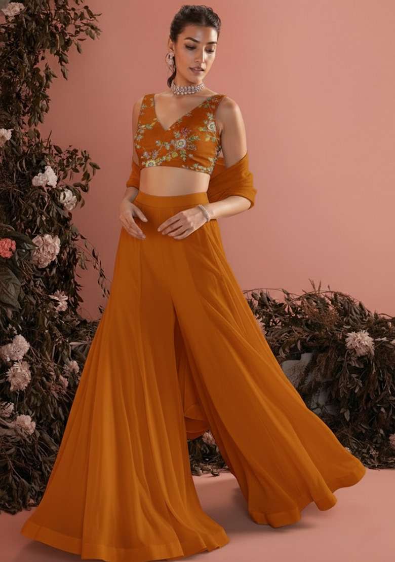 Orange Crepe Fusion Set with Embroidered for Diwali | Wedding & Festive Wear - Indya