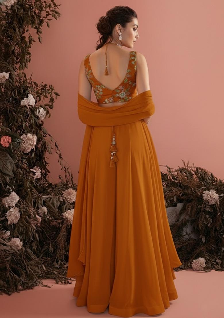 Orange Embroidered Crepe Fusion Set - Indya