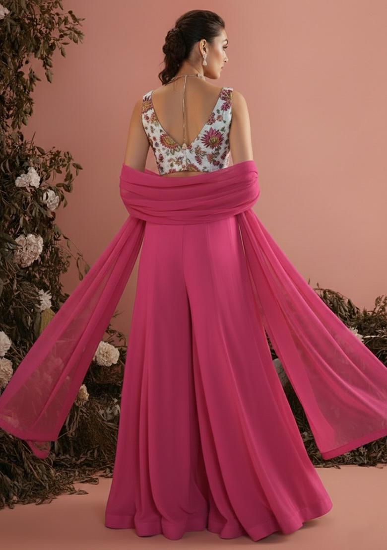 Pink Embroidered Georgette Fusion Set - Indya