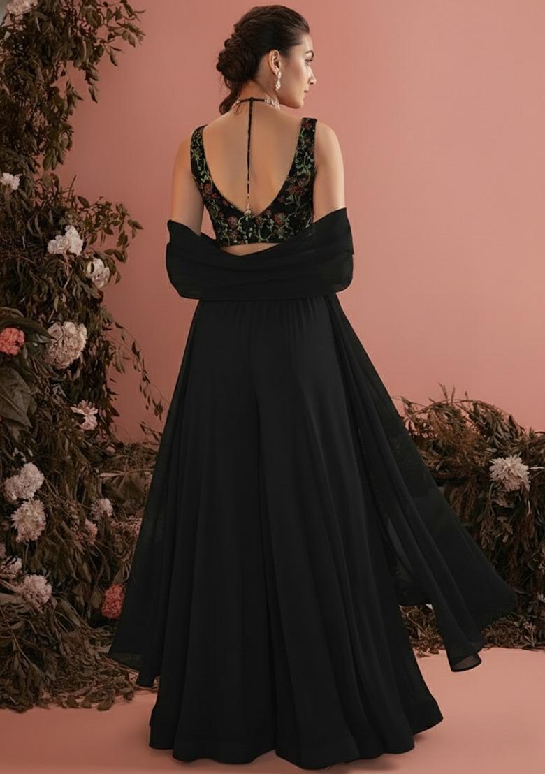 Black Embroidered Silk Fusion Set - Indya