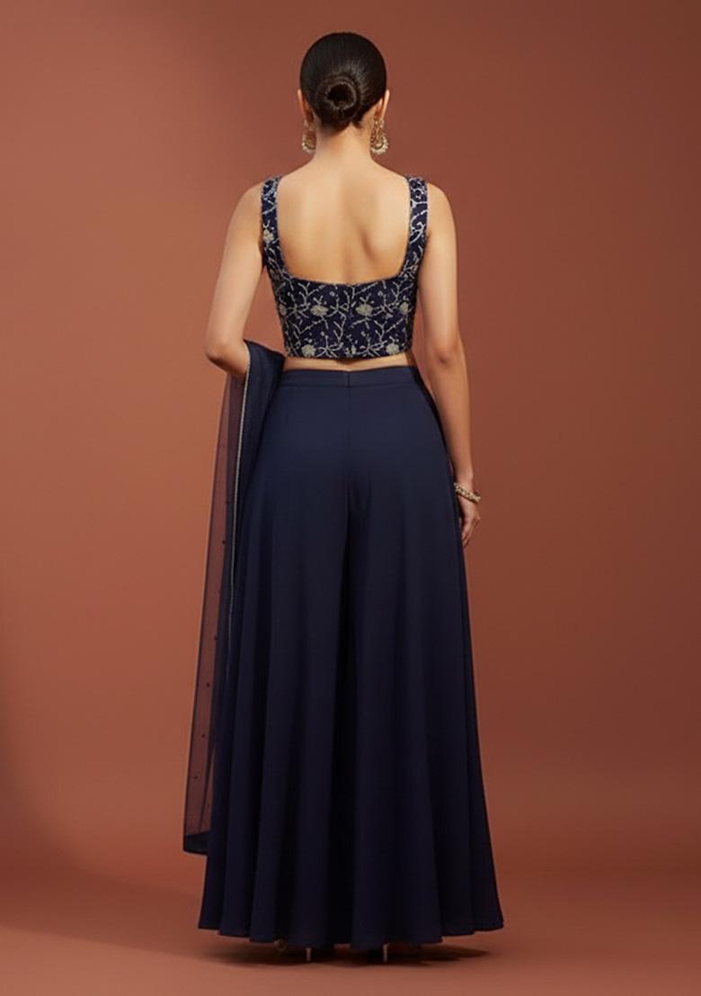 Dark Blue Embroidered Silk Fusion Set - Indya