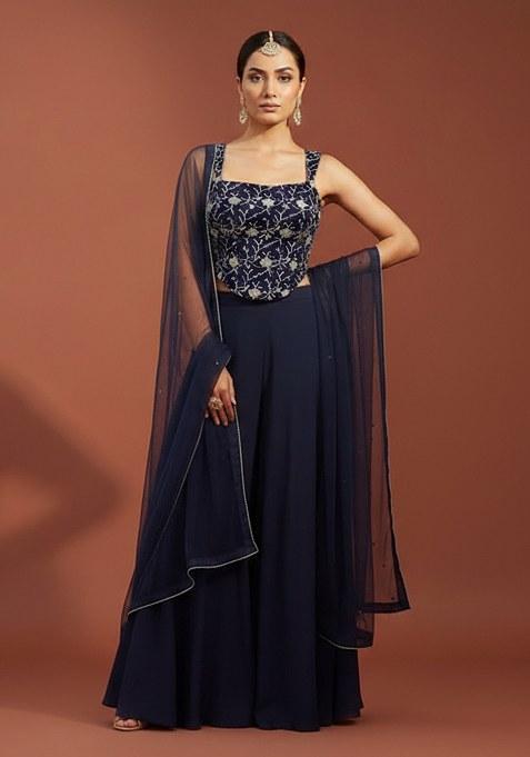Dark Blue Embroidered Silk Fusion Set